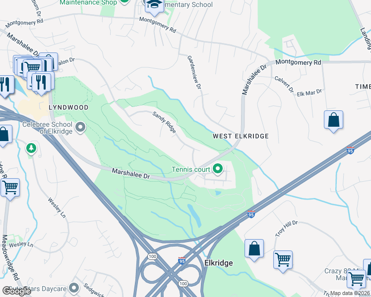 map of restaurants, bars, coffee shops, grocery stores, and more near 6101 Nightrose Court in Elkridge