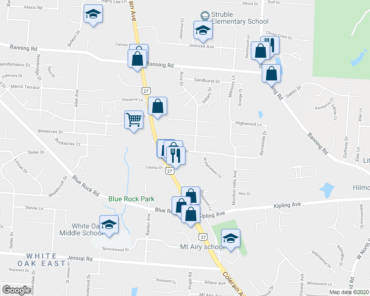 map of restaurants, bars, coffee shops, grocery stores, and more near 2800 Byrneside Drive in Cincinnati