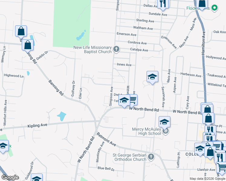 map of restaurants, bars, coffee shops, grocery stores, and more near 6252 Simpson Avenue in Cincinnati