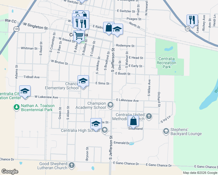 map of restaurants, bars, coffee shops, grocery stores, and more near 503 South Jefferson Street in Centralia