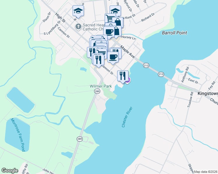map of restaurants, bars, coffee shops, grocery stores, and more near 230 South Water Street in Chestertown