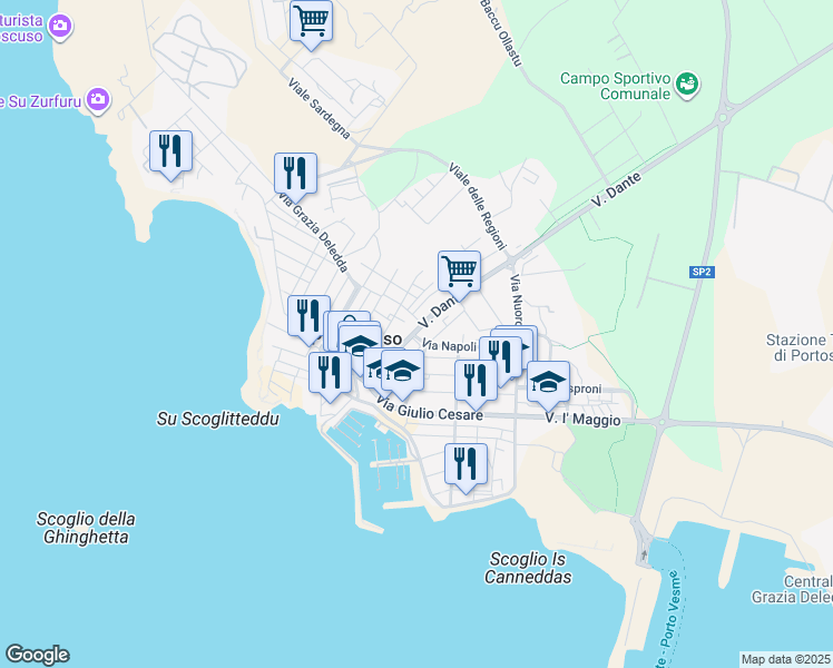 map of restaurants, bars, coffee shops, grocery stores, and more near 16 Via Dante in Portoscuso