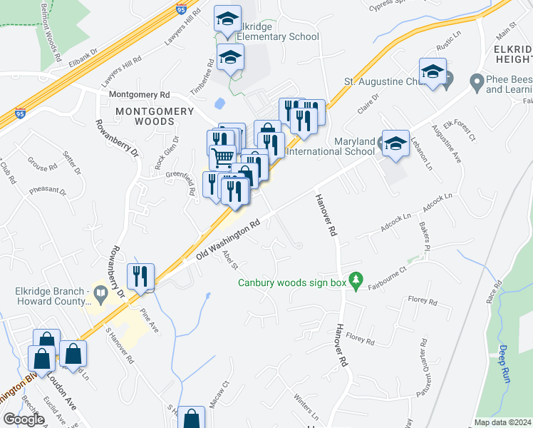 map of restaurants, bars, coffee shops, grocery stores, and more near 6308 Old Washington Road in Elkridge