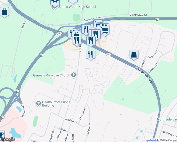map of restaurants, bars, coffee shops, grocery stores, and more near 109 Tudor Drive in Winchester
