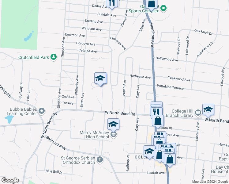 map of restaurants, bars, coffee shops, grocery stores, and more near 6262 Savannah Avenue in Cincinnati