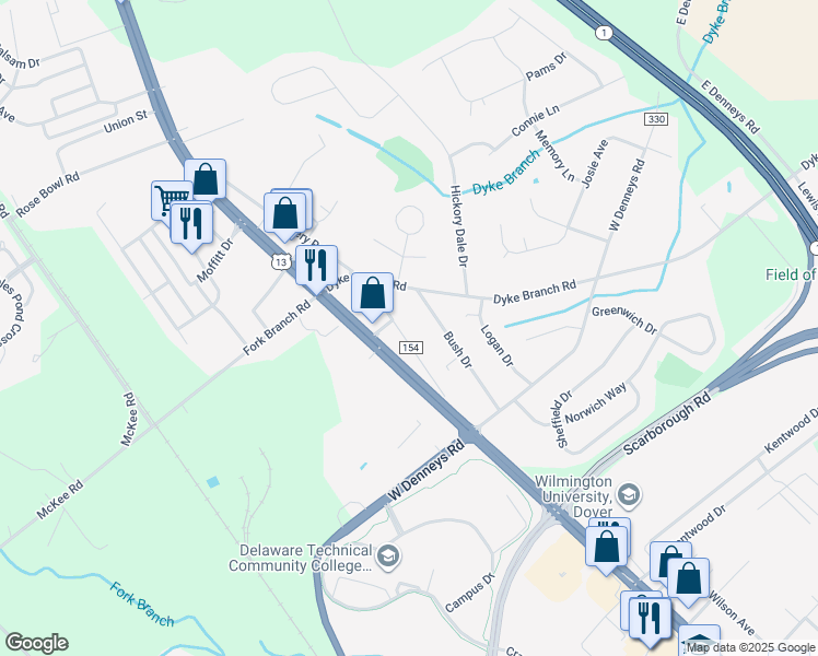 map of restaurants, bars, coffee shops, grocery stores, and more near 233 Bush Drive in Dover