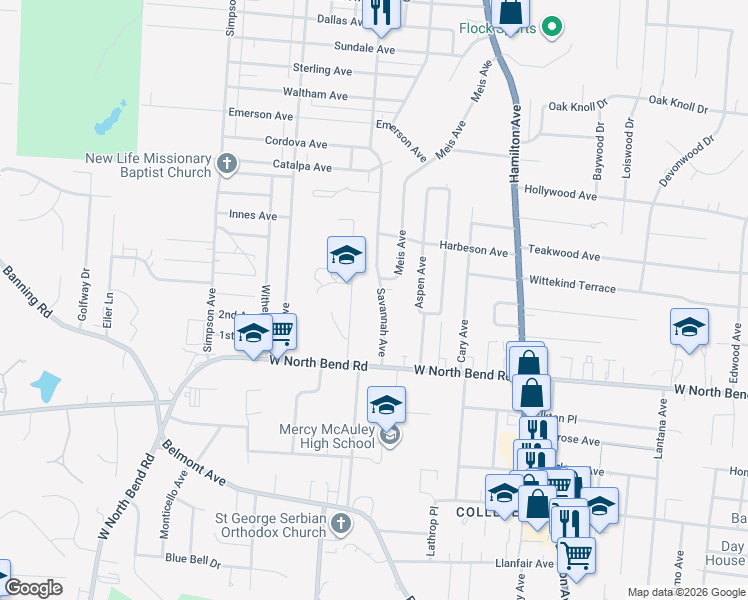 map of restaurants, bars, coffee shops, grocery stores, and more near 6262 Savannah Avenue in Cincinnati