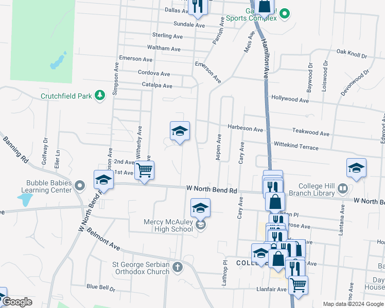 map of restaurants, bars, coffee shops, grocery stores, and more near 6262 Savannah Avenue in Cincinnati