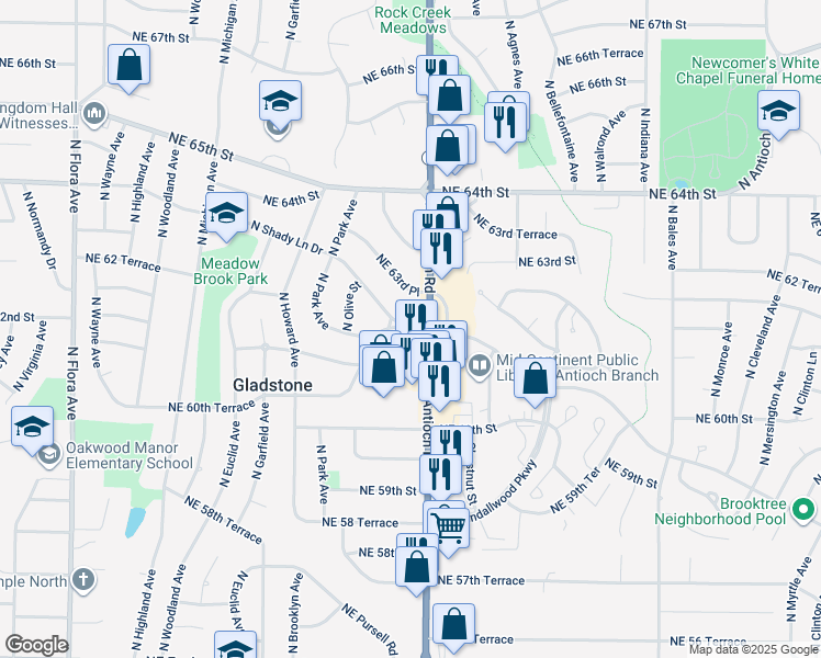 map of restaurants, bars, coffee shops, grocery stores, and more near 2502 Northeast 61st Terrace in Gladstone