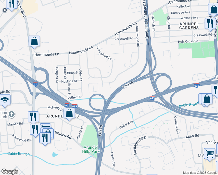 map of restaurants, bars, coffee shops, grocery stores, and more near 714 White Walnut Lane in Anne Arundel County