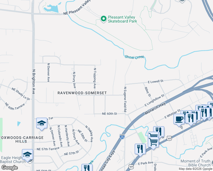 map of restaurants, bars, coffee shops, grocery stores, and more near 6128 North Wheeling Avenue in Kansas City