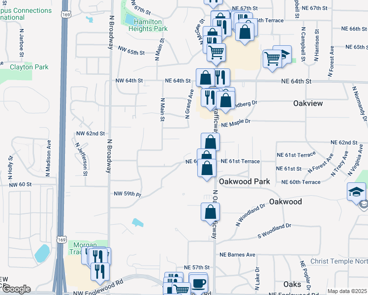 map of restaurants, bars, coffee shops, grocery stores, and more near 36 Northeast 61st Street in Gladstone