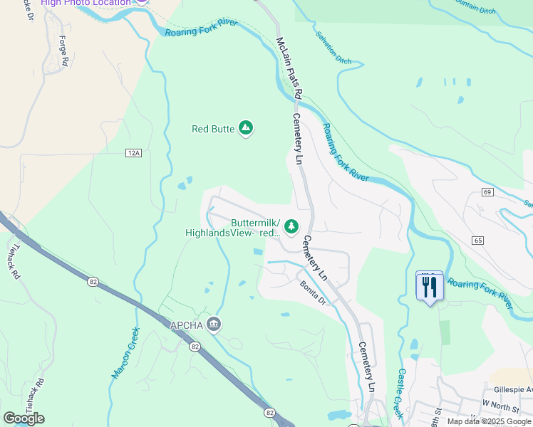 map of restaurants, bars, coffee shops, grocery stores, and more near 1540 Silver King Drive in Aspen