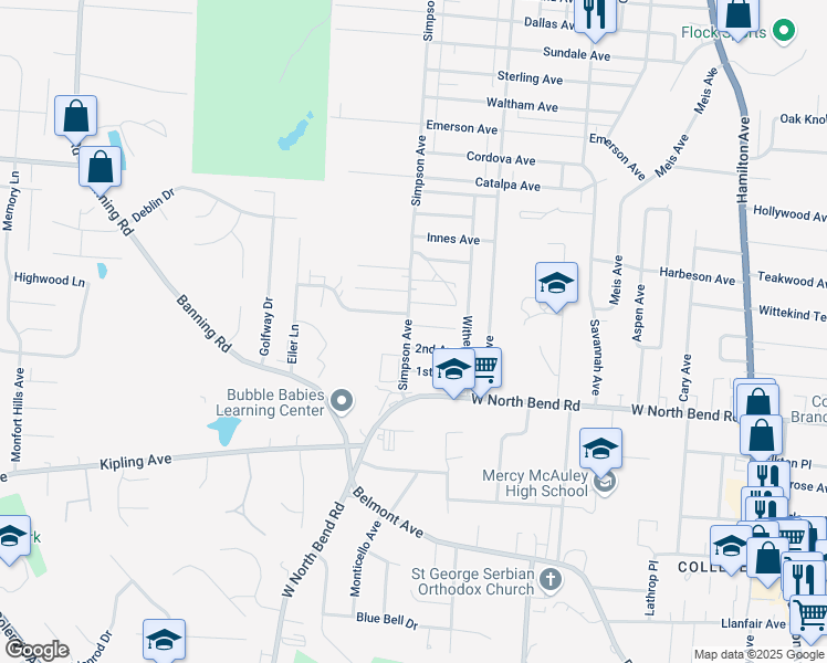 map of restaurants, bars, coffee shops, grocery stores, and more near 6256 Simpson Avenue in Cincinnati