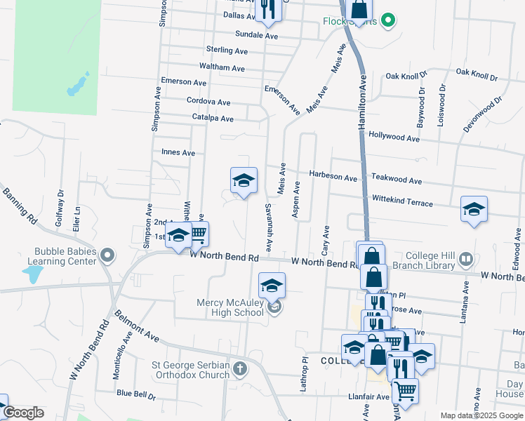 map of restaurants, bars, coffee shops, grocery stores, and more near 6262 Savannah Avenue in Cincinnati