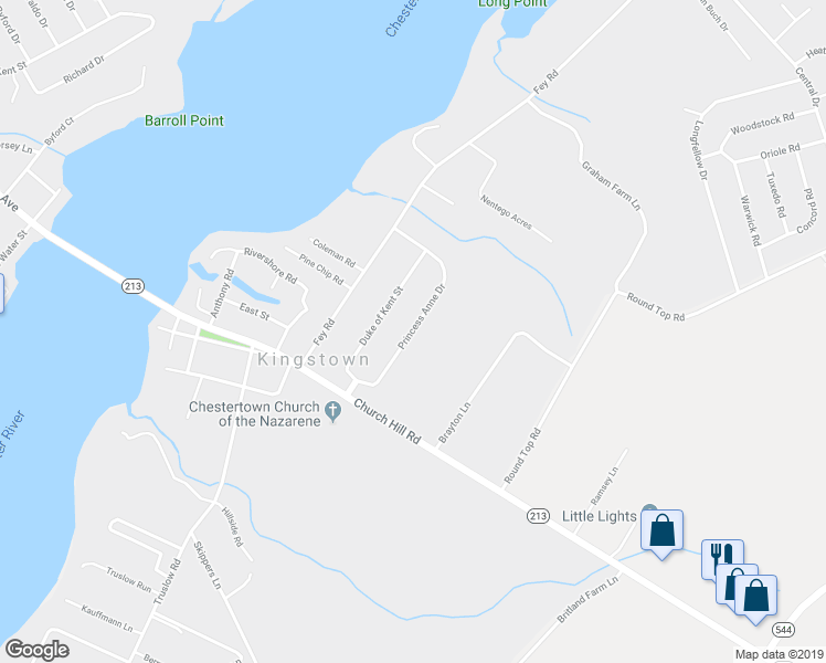 map of restaurants, bars, coffee shops, grocery stores, and more near 217 Princess Anne Drive in Chestertown