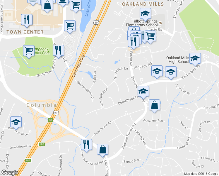 map of restaurants, bars, coffee shops, grocery stores, and more near 6017 Camelback Lane in Columbia