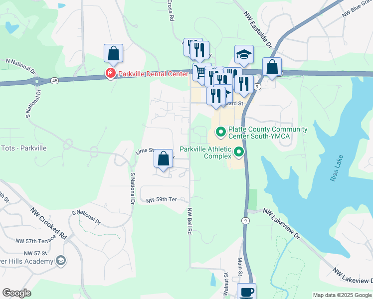map of restaurants, bars, coffee shops, grocery stores, and more near 6100 Northwest Bell Road in Parkville