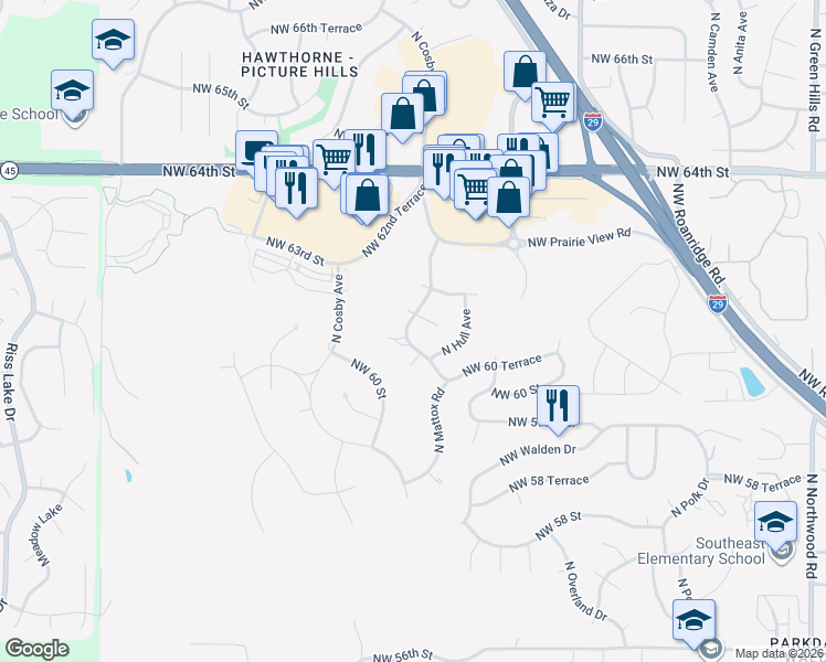map of restaurants, bars, coffee shops, grocery stores, and more near 6109 North Mattox Road in Kansas City