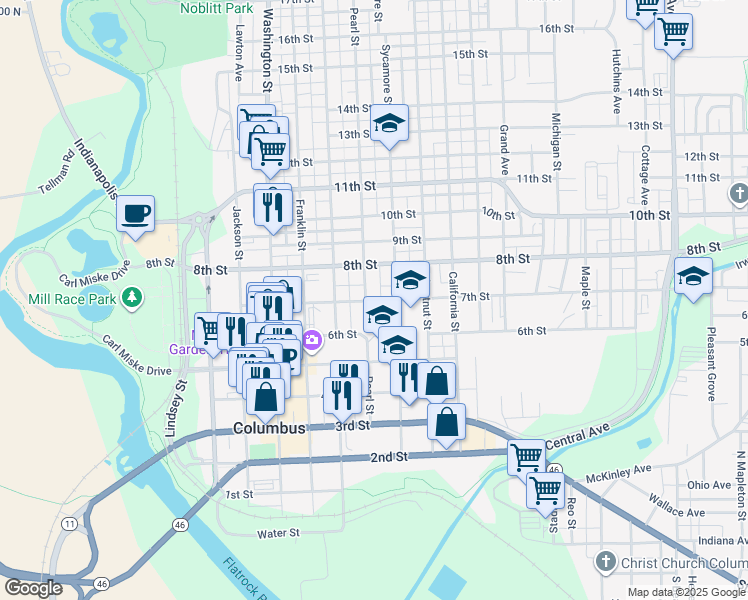 map of restaurants, bars, coffee shops, grocery stores, and more near 725 7th Street in Columbus