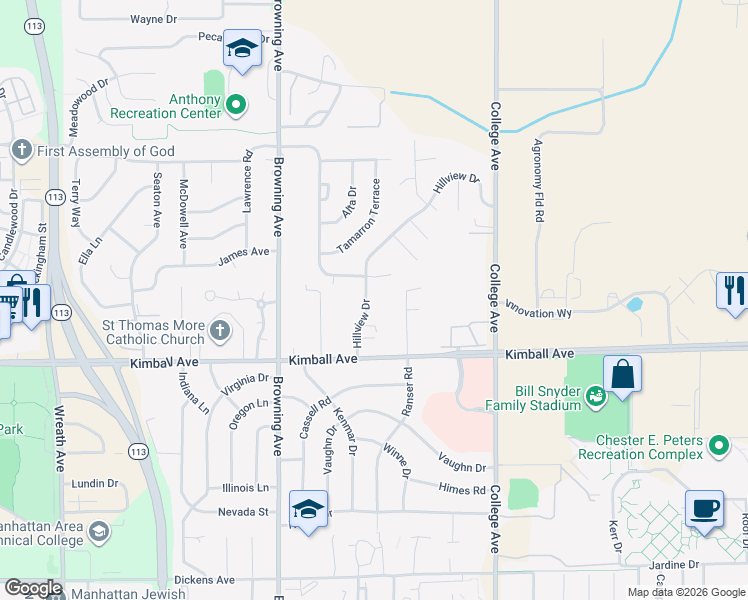 map of restaurants, bars, coffee shops, grocery stores, and more near 2024 Hillview Drive in Manhattan
