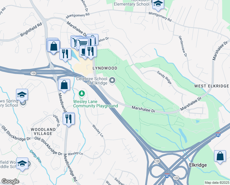 map of restaurants, bars, coffee shops, grocery stores, and more near 6095 Marshalee Drive in Elkridge