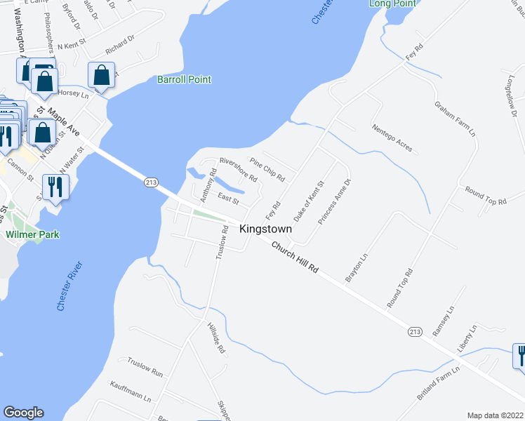 map of restaurants, bars, coffee shops, grocery stores, and more near 109 Fey Road in Chestertown