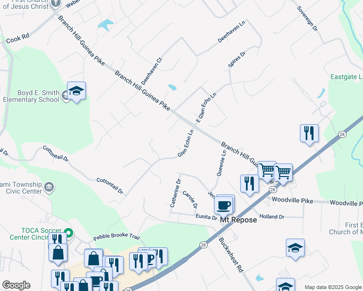 map of restaurants, bars, coffee shops, grocery stores, and more near 6094 Drum Hill Lane in Milford