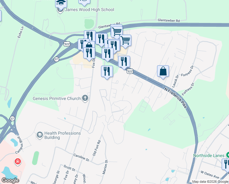 map of restaurants, bars, coffee shops, grocery stores, and more near 106 Rugby Place in Winchester