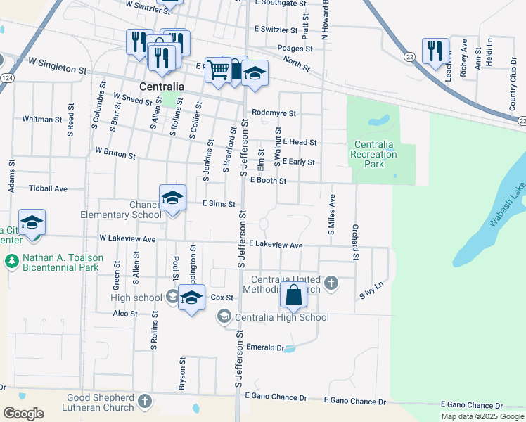 map of restaurants, bars, coffee shops, grocery stores, and more near 2-98 Sunrise Circle in Centralia