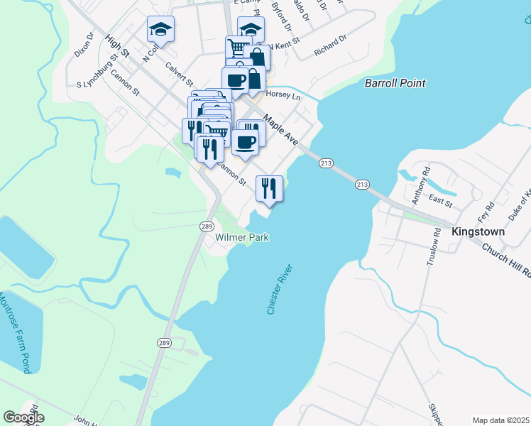 map of restaurants, bars, coffee shops, grocery stores, and more near 98 Cannon Street in Chestertown
