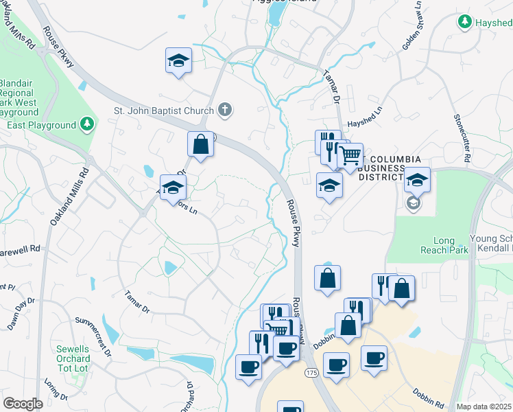 map of restaurants, bars, coffee shops, grocery stores, and more near 6065 Majors Lane in Columbia