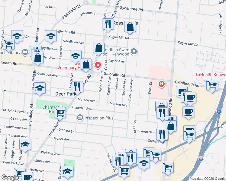 map of restaurants, bars, coffee shops, grocery stores, and more near 8004 Camner Avenue in Cincinnati