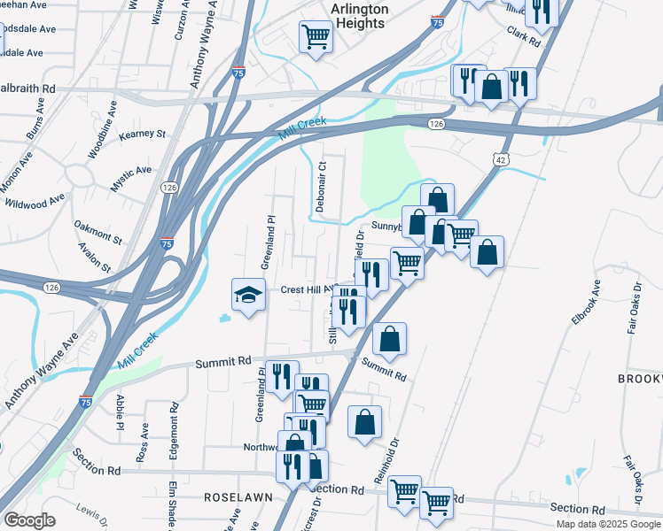 map of restaurants, bars, coffee shops, grocery stores, and more near 7826 Newbedford Avenue in Cincinnati