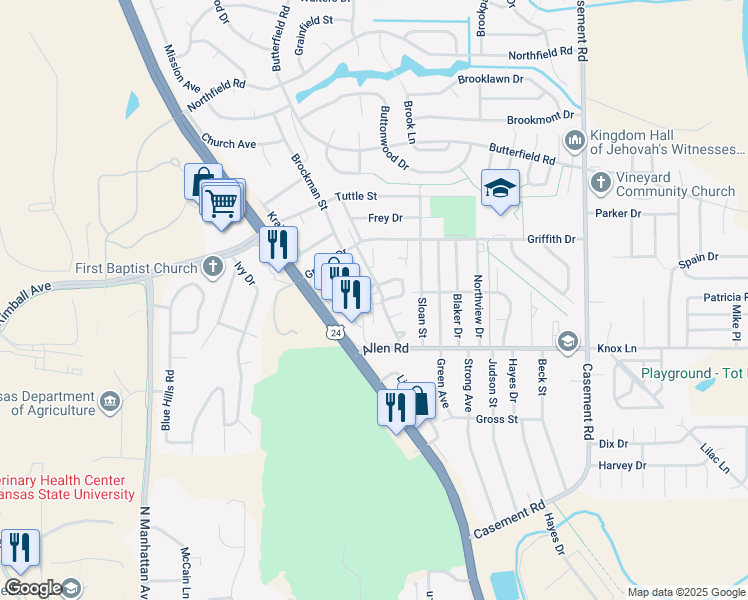 map of restaurants, bars, coffee shops, grocery stores, and more near 2020 Tuttle Creek Boulevard in Manhattan