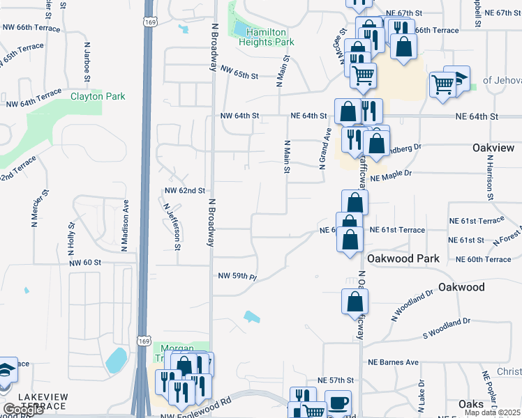 map of restaurants, bars, coffee shops, grocery stores, and more near 12 Northwest 61st Terrace in Gladstone