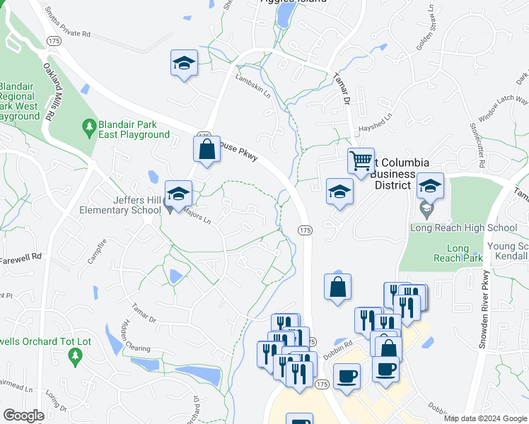map of restaurants, bars, coffee shops, grocery stores, and more near 6065 Majors Lane in Columbia