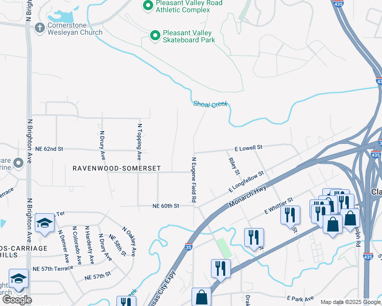 map of restaurants, bars, coffee shops, grocery stores, and more near 6132 North Eugene Field Road in Kansas City