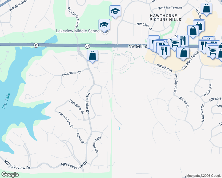 map of restaurants, bars, coffee shops, grocery stores, and more near 6121 North Klamm Road in Kansas City