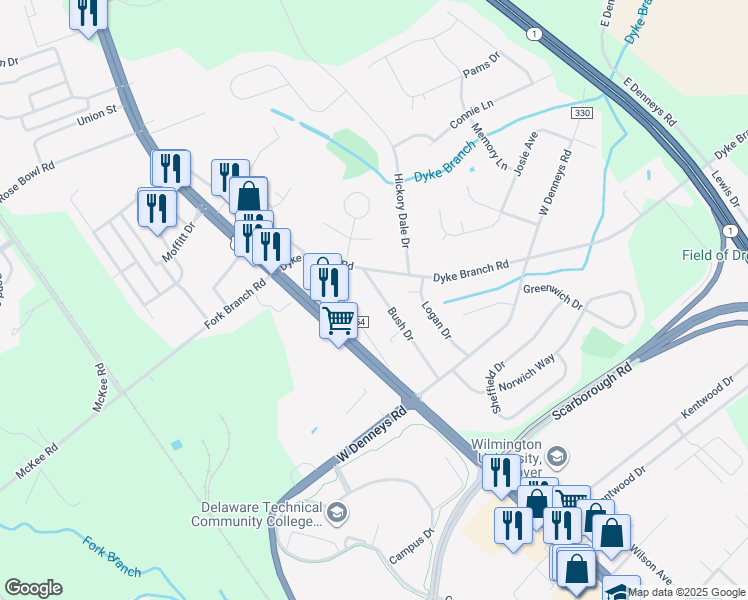 map of restaurants, bars, coffee shops, grocery stores, and more near 233 Bush Drive in Dover