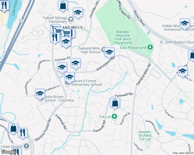 map of restaurants, bars, coffee shops, grocery stores, and more near 9473 Good Lion Road in Columbia
