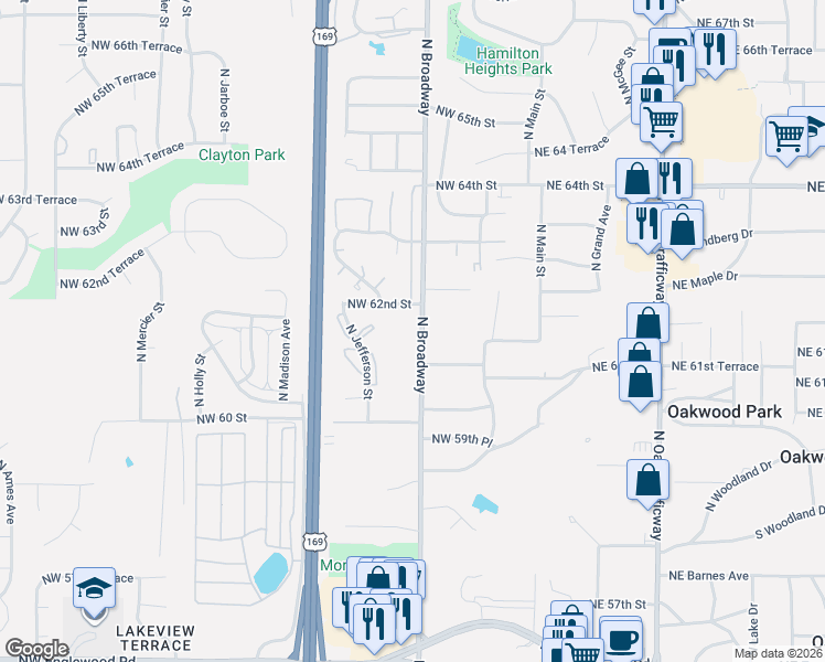 map of restaurants, bars, coffee shops, grocery stores, and more near 6109 North Broadway in Gladstone