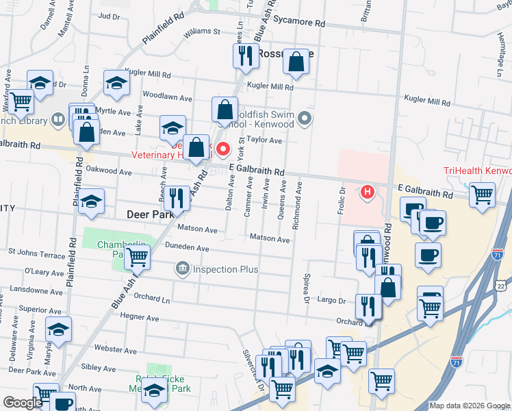 map of restaurants, bars, coffee shops, grocery stores, and more near 8004 Camner Avenue in Cincinnati