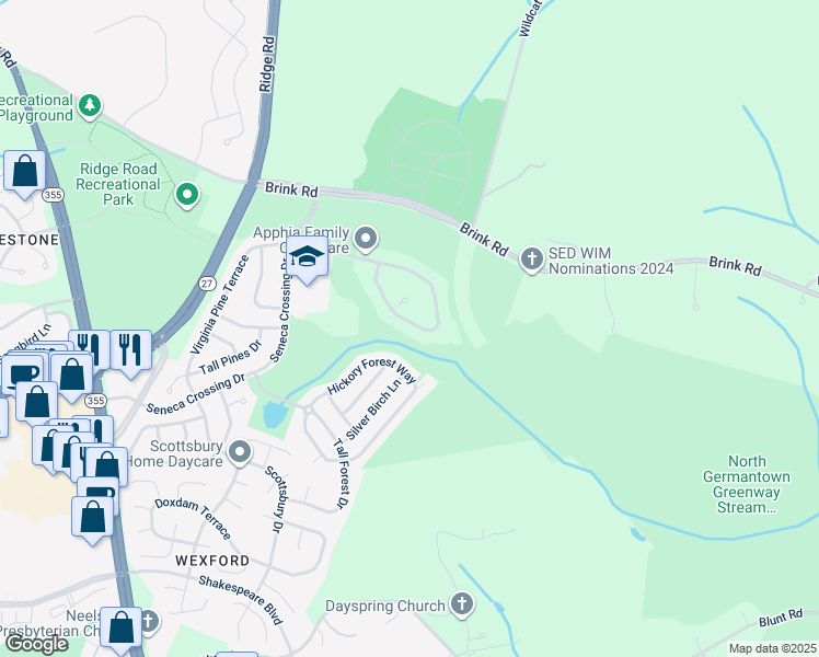 map of restaurants, bars, coffee shops, grocery stores, and more near 11425 Seneca Forest Circle in Germantown