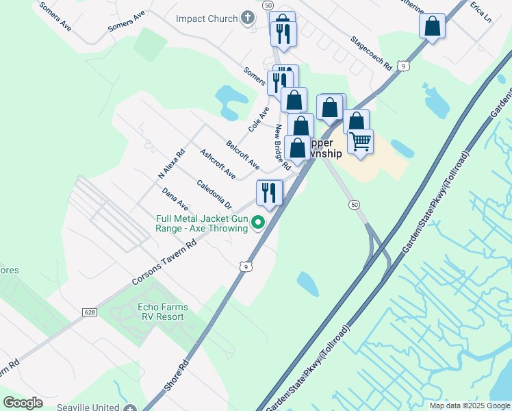 map of restaurants, bars, coffee shops, grocery stores, and more near 3016 Shore Road in Cape May County