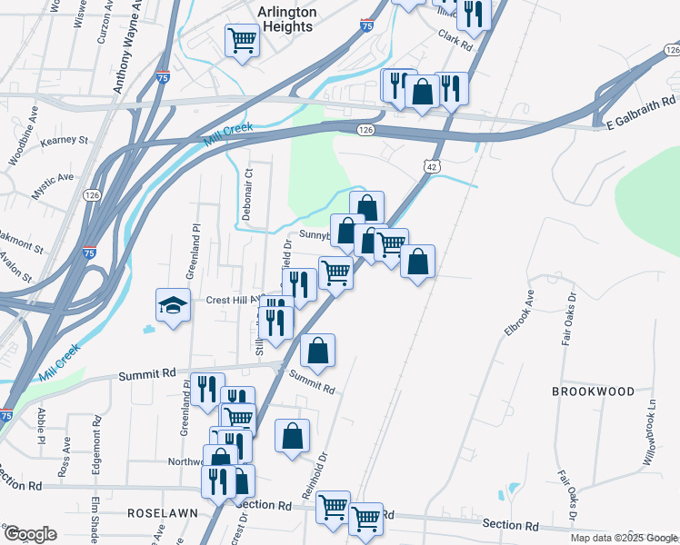 map of restaurants, bars, coffee shops, grocery stores, and more near 7849 Reading Road in Cincinnati