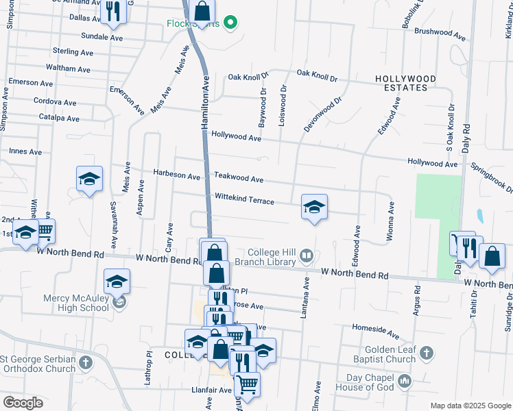 map of restaurants, bars, coffee shops, grocery stores, and more near 1530 Reid Avenue in Cincinnati