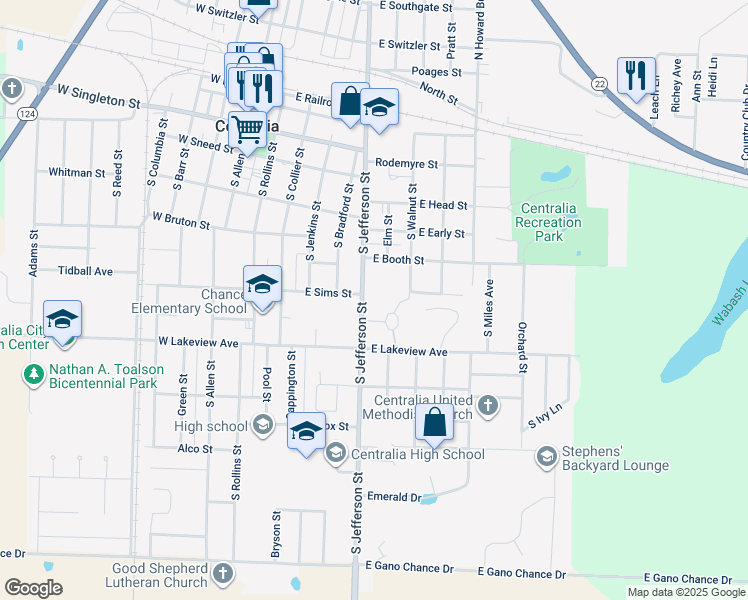 map of restaurants, bars, coffee shops, grocery stores, and more near 2-98 Sunrise Circle in Centralia