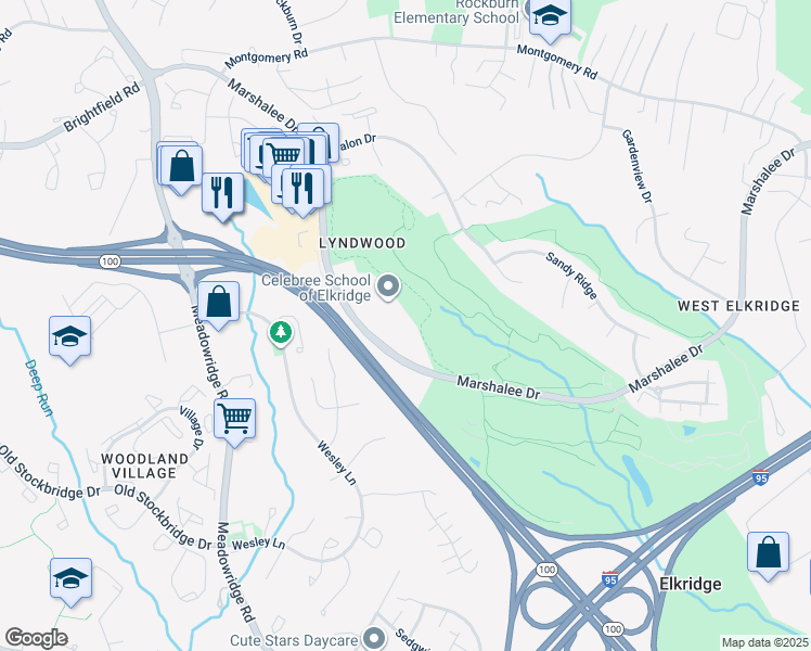 map of restaurants, bars, coffee shops, grocery stores, and more near 6095 Marshalee Drive in Elkridge