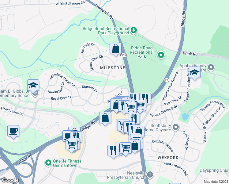 map of restaurants, bars, coffee shops, grocery stores, and more near 12108 Stardrift Drive in Germantown